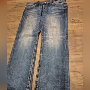 Rock Revival Mens Jeans Sz 38 Elijah Rlxd Taper Blue Distress Jeans